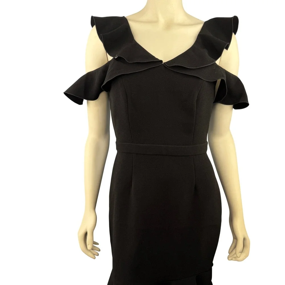 Rachel Zoe Dress Women 6 Black Ruffle Cold‎ Shoulder V-Neck Sheath Delia